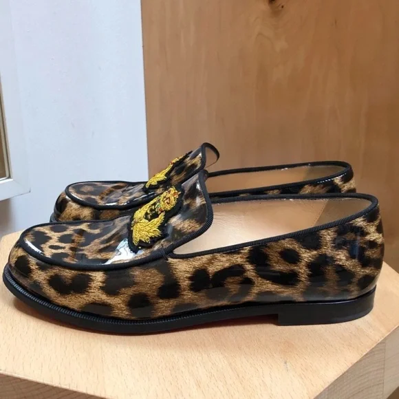 CHRISTIAN LOUBOUTIN Laperouza Brown Gold Leopard Print Patent Leather Loafer 37